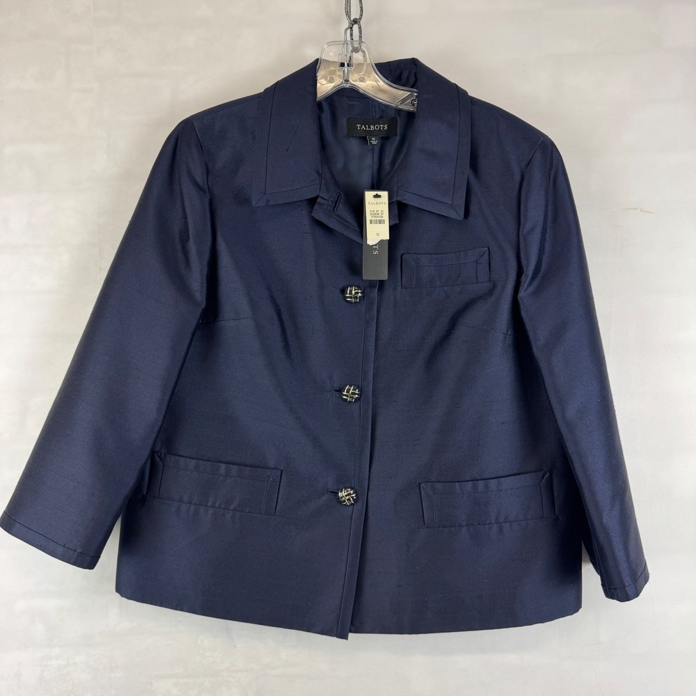 Talbots Navy Structured Button Front Jacket Blazer Silk Wool Size 10 NWT